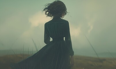 Irish woman in a green dress running through the wild grass on a windy day - obrazy, fototapety, plakaty