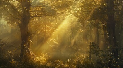 Sunbeams filtering through the canopy of an ancient woodland, illuminating the forest floor with a gentle golden glow.