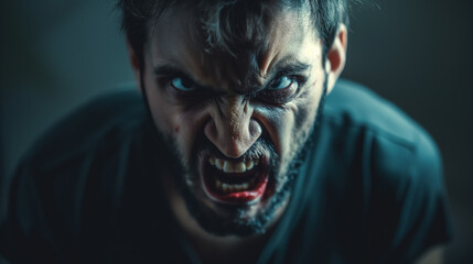 A man's face is captured in a moment of raw anger, with intense eyes and a fierce expression in a dark setting. - obrazy, fototapety, plakaty