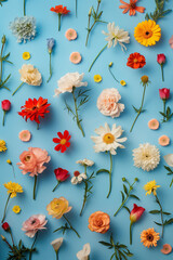 Fototapeta na wymiar A vibrant pattern of assorted colorful spring flowers laid out on a blue backdrop symbolizing joy and diversity in flora.