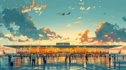 Many tourists are traveling by plane at the airport. - obrazy, fototapety, plakaty
