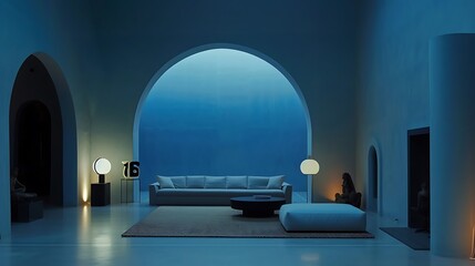 an interior space with an empty living room, arch blue wall, and modern furniture for a stylish ambiance attractive look