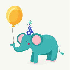 Cheerful cartoon elephant illustration on isolated background with vibrant yellow balloon. Happy birthday vector. For postcards, invitations, birthday decor.