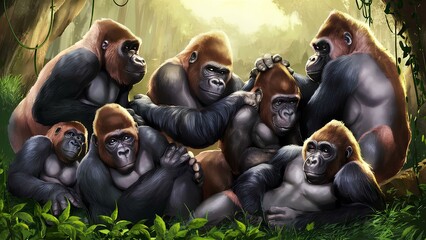An illustration of a group of gorillas in their natural habitat - obrazy, fototapety, plakaty