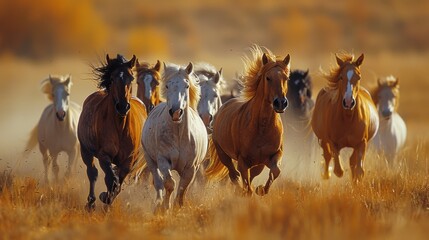 Group of Horses Running in Field - obrazy, fototapety, plakaty