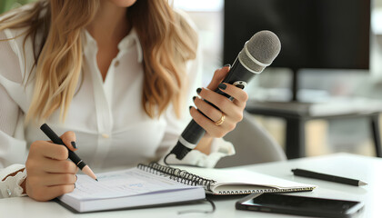 Female journalist with microphone, notebook and phone in office, closeup - obrazy, fototapety, plakaty