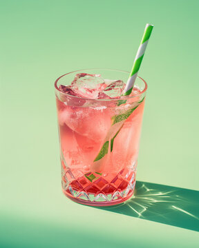 A vibrant image captures a cold pink cocktail with ice cubes in a deep glass with a fun straw against a green background.