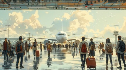 Many tourists are traveling by plane at the airport.