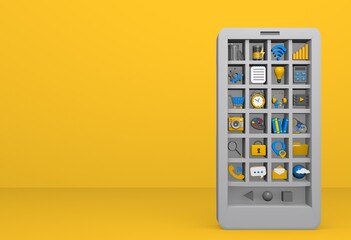 gray smartphone with applications on yellow background 3d cartoons