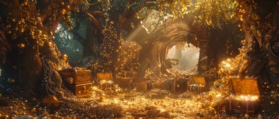 A hidden fantasy treasury in a 3D-rendered enchanted forest, with chests of jewels and gold nestled among ancient trees, illuminated by magical light - obrazy, fototapety, plakaty