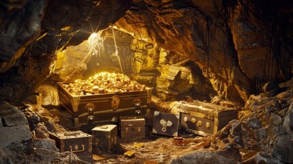 A hidden treasury, tucked away in a secret underground cavern, overflowing with sparkling treasures, ancient gold statues, and mysterious, unopened chests. - obrazy, fototapety, plakaty