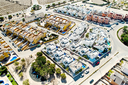 Aerial image panoramic photo Los Montesinos townscape with luxury villas, located in the province of Alicante, Valencian Community, Spain