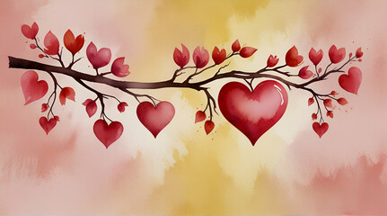 Hearts on Branch in Pink and Red, Watercolor Element Clip Art for Valentines Day and Wedding Graphic Designs .Generative AI