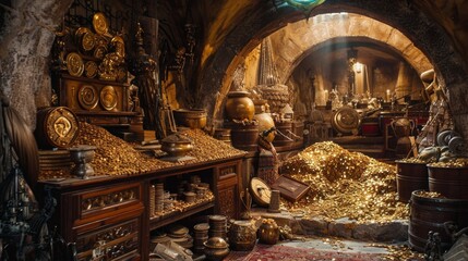 An opulent treasury room, filled with piles of gold coins, glittering jewels, and precious artifacts, all stored within an ancient, vaulted chamber.