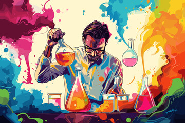 Experimenting businessman mixes vibrant liquids in beakers, seeking the elusive formula for success through trial and error, a concept of business innovation