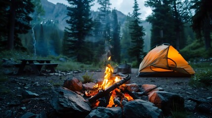 Campfire and tent in the woods  - obrazy, fototapety, plakaty