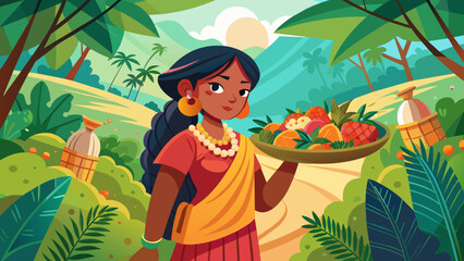 an-indian-girl-with-a-tray-of-harvested-fruits--in