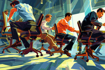 Fiercely competitive businessmen engage in a high-stakes office chair race, each determined to outperform and outshine their colleagues in a display of workplace rivalry - obrazy, fototapety, plakaty