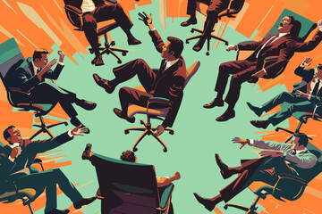 Fiercely competitive businessmen engage in a high-stakes office chair race, each determined to outperform and outshine their colleagues in a display of workplace rivalry - obrazy, fototapety, plakaty