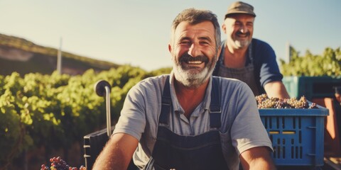 Naklejka premium Middle-aged men farmers harvest grapes on the farm. Generative AI.