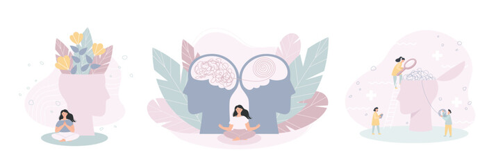 Fototapeta premium Mental health concept illustrations set. Human head silhouettes. Psychotherapy helps to overcome stress. Modern flat style vector illustration