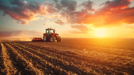 Ploughing a field with tractor at sunset - obrazy, fototapety, plakaty