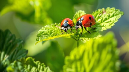 Fototapeta premium Two Ladybugs Sitting on Top of a Green Leaf