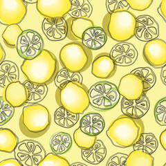 vector seamless doodle hand drawn pattern of lemon and lemon slices on light yellow background.