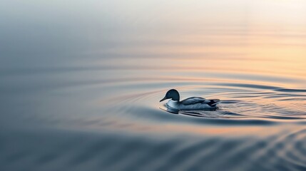 Duck gliding on tranquil dawn waters