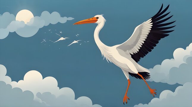 Cartoon stork in sky with baby Design template for .Generative AI