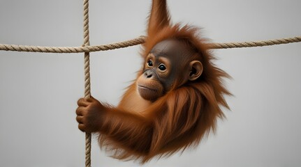 Baby Sumatran Orangutan hanging on rope against white background .Generative AI - obrazy, fototapety, plakaty