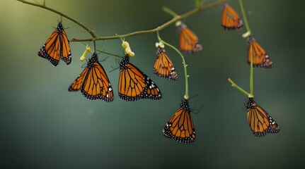 Amazing moment ,Monarch Butterfly, pupae and cocoons are suspended. Concept transformation of Butterfly .Generative AI
  - obrazy, fototapety, plakaty