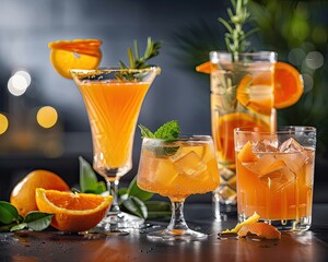 Fototapeta premium A collection of orange-themed cocktails beautifully presented with garnishes