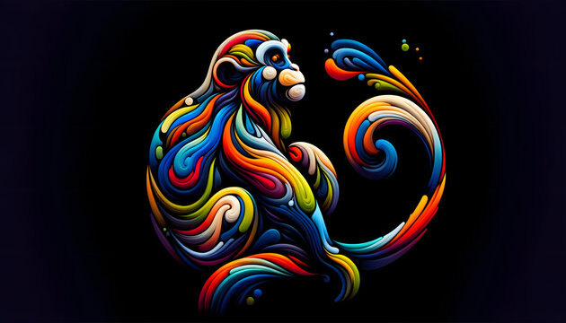 Abstract colorful monkey illustration on black background.