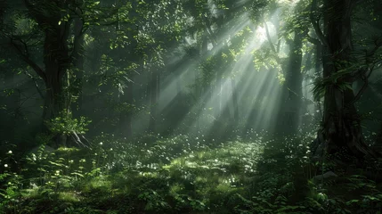 Gordijnen Sunlight filtering through the dense foliage of an ancient forest, casting enchanting patterns of light and shadow on the forest floor. © Khalif