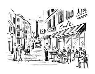 Street cafe in old town vector illustration with people - 777600579