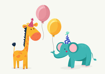 Cute birthday cartoon elephant and cartoon giraffe illustration on isolated background. Children's birthday cartoon vector animal set. For children's birthday decorations, invitations, postcards.