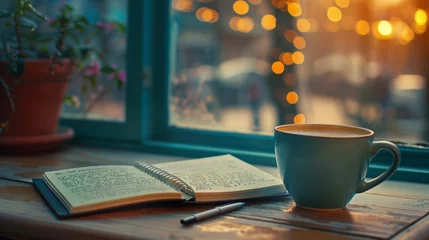 Foto op Plexiglas Coffee break with notepad in golden light © ladaz