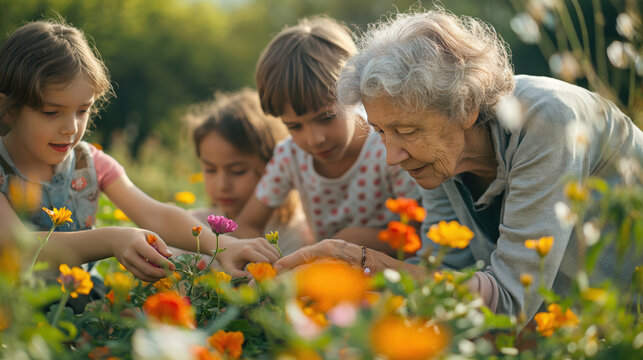Elderly Woman Teaching Children Gardening in Sunlit Flower Garden