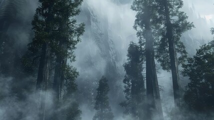 A mystical foggy forest scene, with towering trees shrouded in mist, creating an atmosphere of mystery and enchantment.