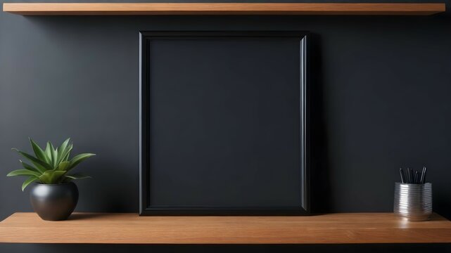 dark modern blank picture frame on a shelf