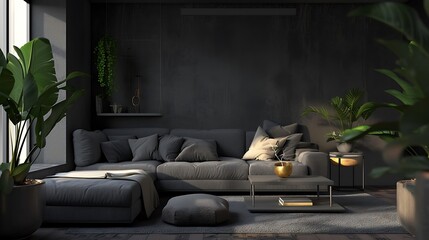 a cozy and inviting AI-generated dark grey home decor living room with a focus on comfort attractive look