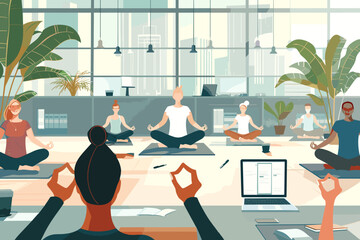Health-conscious businessmen and businesswomen participate in a rejuvenating yoga session, promoting workplace wellness and encouraging employees to prioritize fitness and self-care - obrazy, fototapety, plakaty
