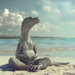 Dinosaur doing meditation on the beach