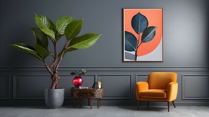 rubber fig in a gray room,modern living room with fireplace