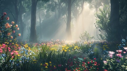 Lush Forest Abloom With Flowers and Trees