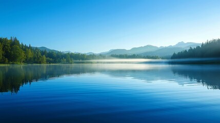 A peaceful lake with large , and a thin mist rising from the surface. At dawn, under the clear blue sky, the forest is surrounded by trees