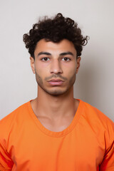 Fototapeta premium Prison mugshot of young middle eastern man in orange jumpsuit