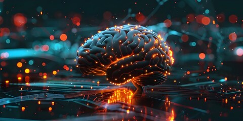 A digital brain with glowing neural connections floating above an abstract circuit board.