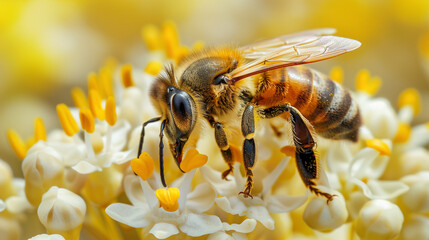 Honey bee on flowers close up - obrazy, fototapety, plakaty